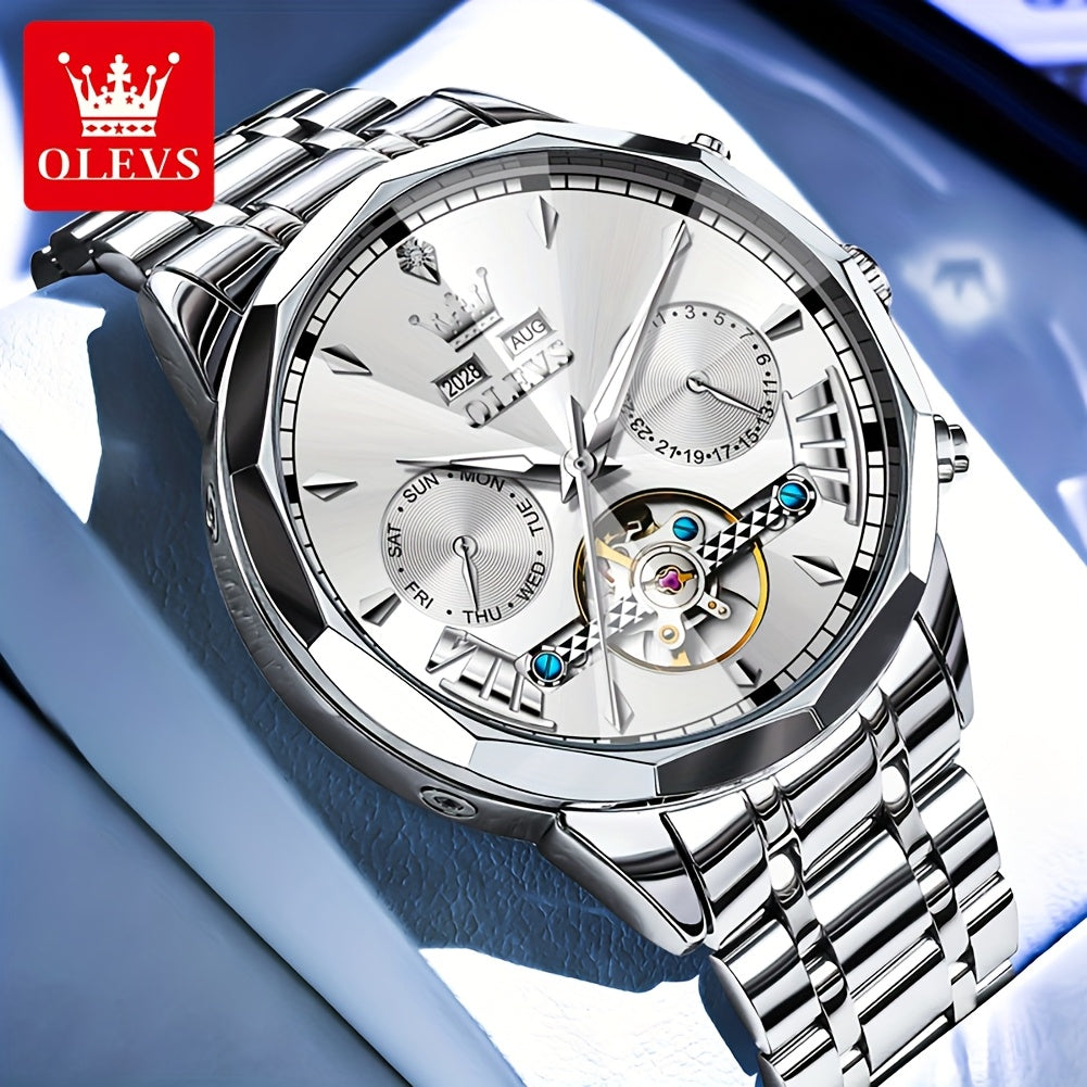 Reloj de lujo para hombres OLEVS, automático, de acero inoxidable, con esfera luminosa y diseño clásico y elegante.