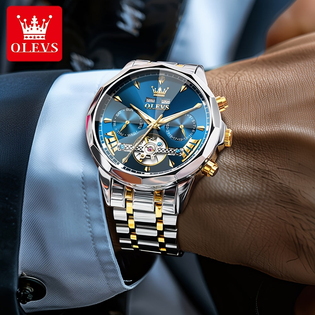 Reloj mecánico de lujo para hombres OLEVS, acero inoxidable, esfera luminosa y diseño clásico sin batería, estilo moderno y elegante