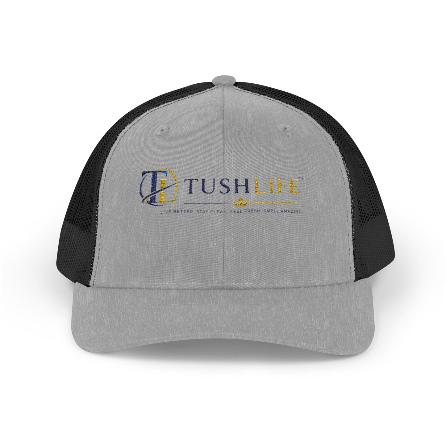 Gorra trucker TushLife Flame Snapback con malla y logotipo de llama, estilo ajustable, en color negro con detalles en llamas.