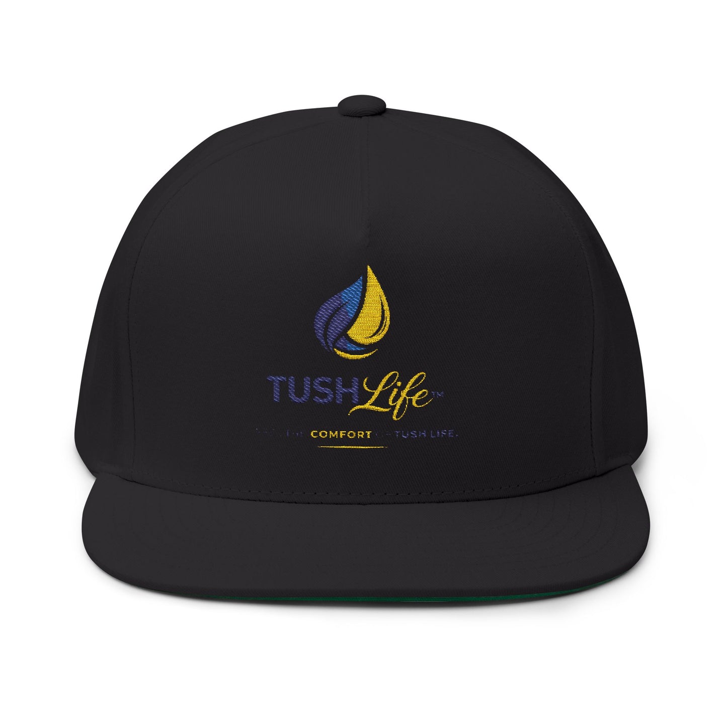 Gorra plana con logo de llamas amarillas y cierre ajustable, sombrero snapback de Printify con bordado visible.