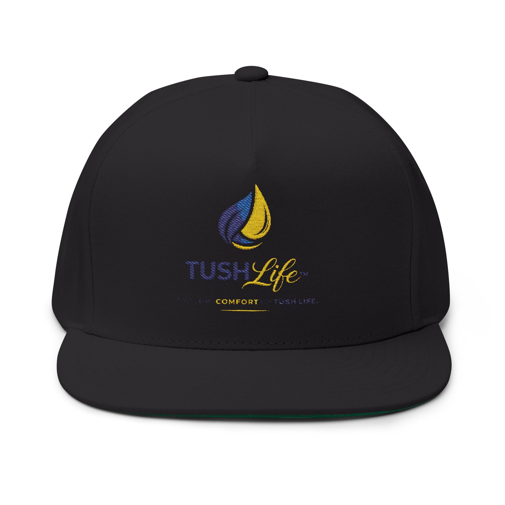 Gorra plana con logo de llamas amarillas y cierre ajustable, sombrero snapback de Printify con bordado visible.