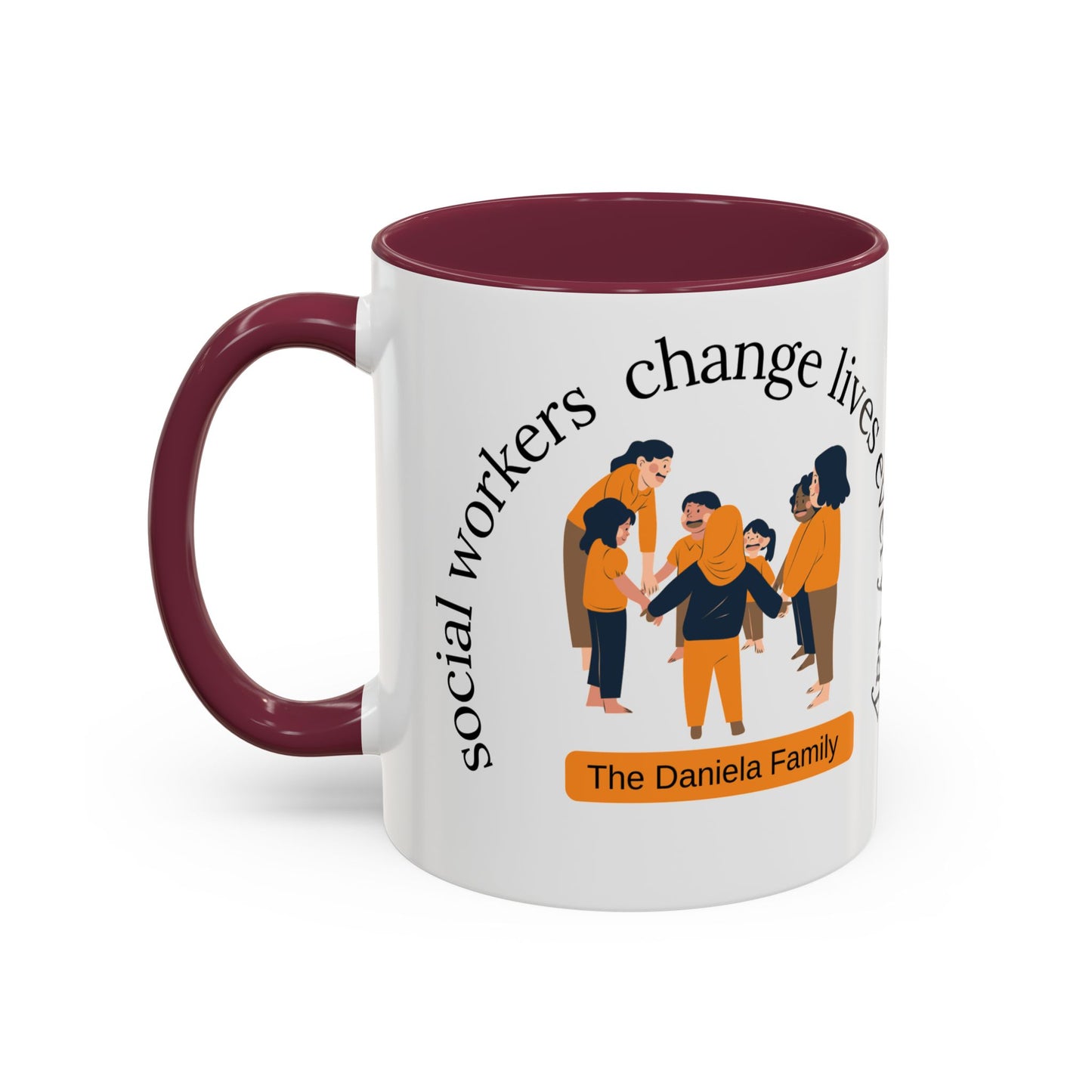 Taza de 11 oz o 15 oz de Printify con el texto "Social Workers Change Lives" en diseño colorido sobre fondo blanco.