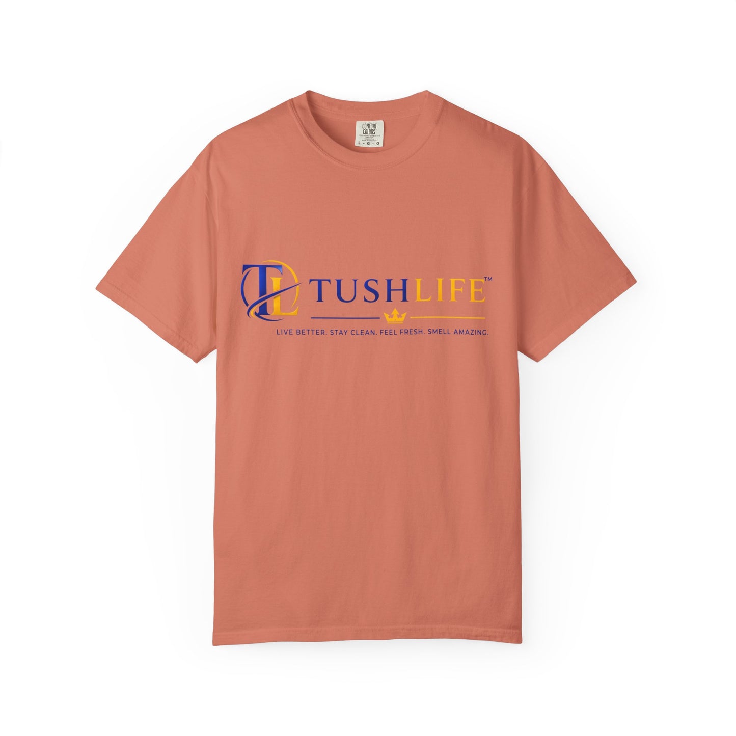 Camiseta de algodón premium TUSHLIFE, T-shirt cómoda para uso diario, marca Printify, vista frontal en color blanco