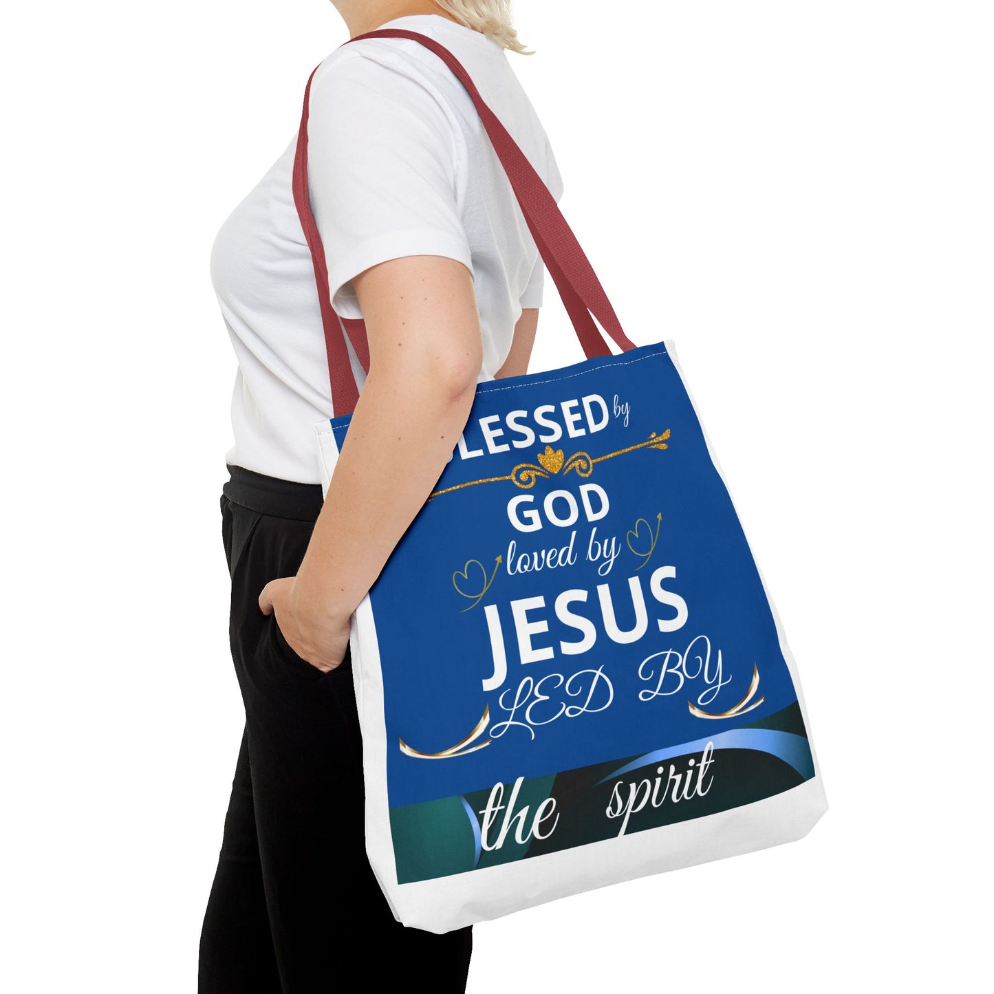 Bolso de mano inspirado con mensaje religioso de agradecimiento y fe, ideal como regalo cristiano para madres.