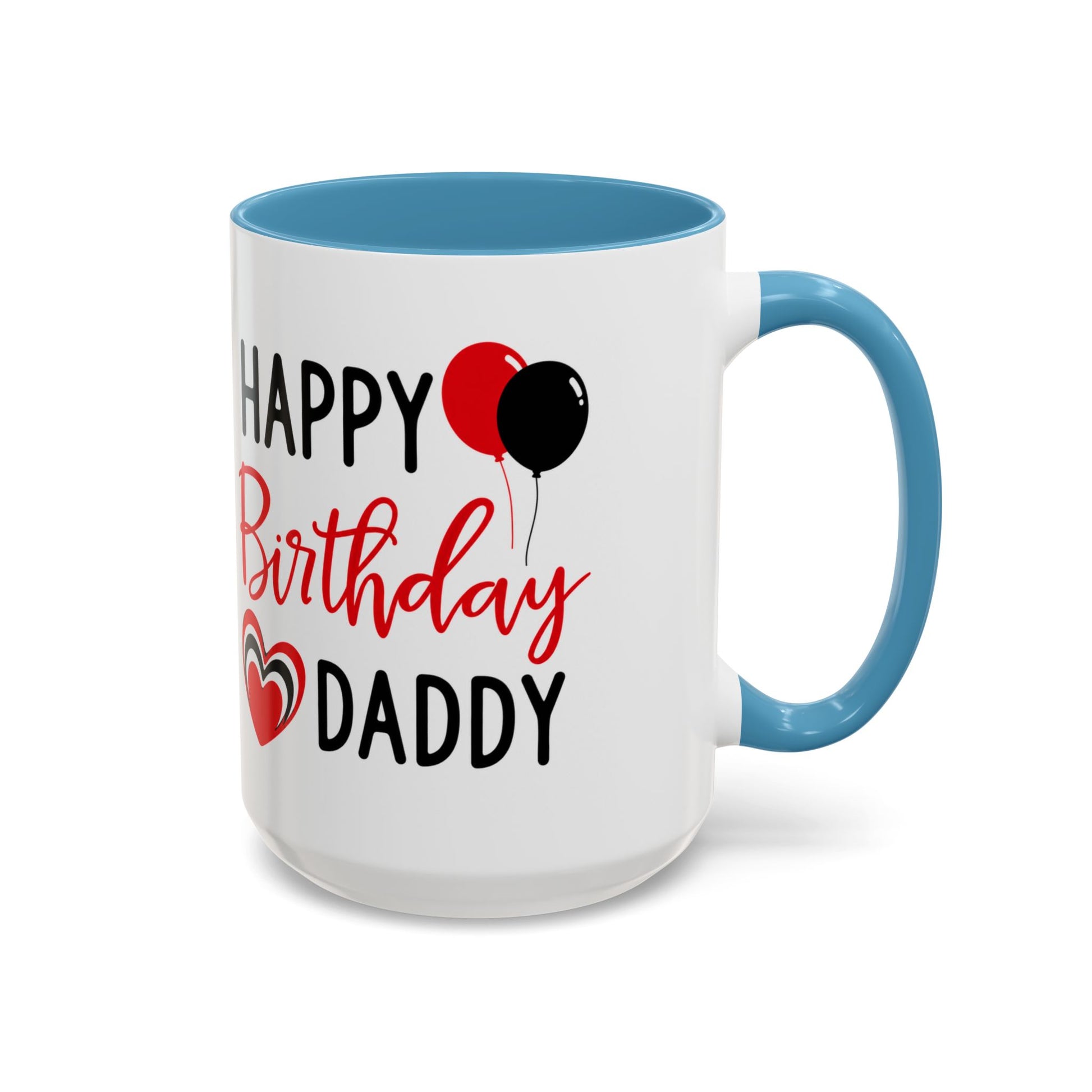 Taza de café Happy Birthday Daddy de Printify con globos rojos y negros y un corazón, en tamaño de 11 oz o 15 oz.