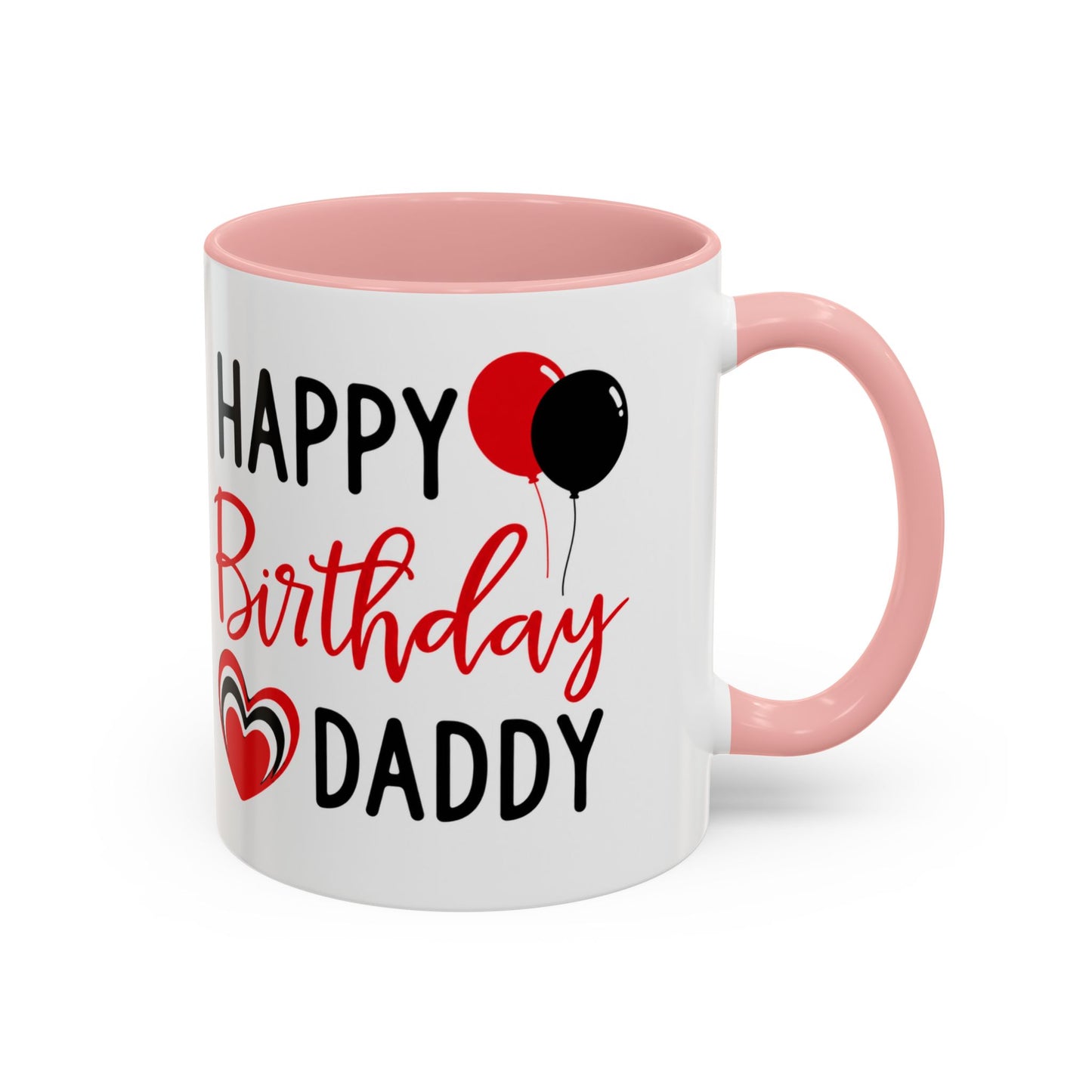 Taza de café Happy Birthday Daddy de Printify con globos rojos y negros y corazón, 11/15 oz, con diseño festivo.