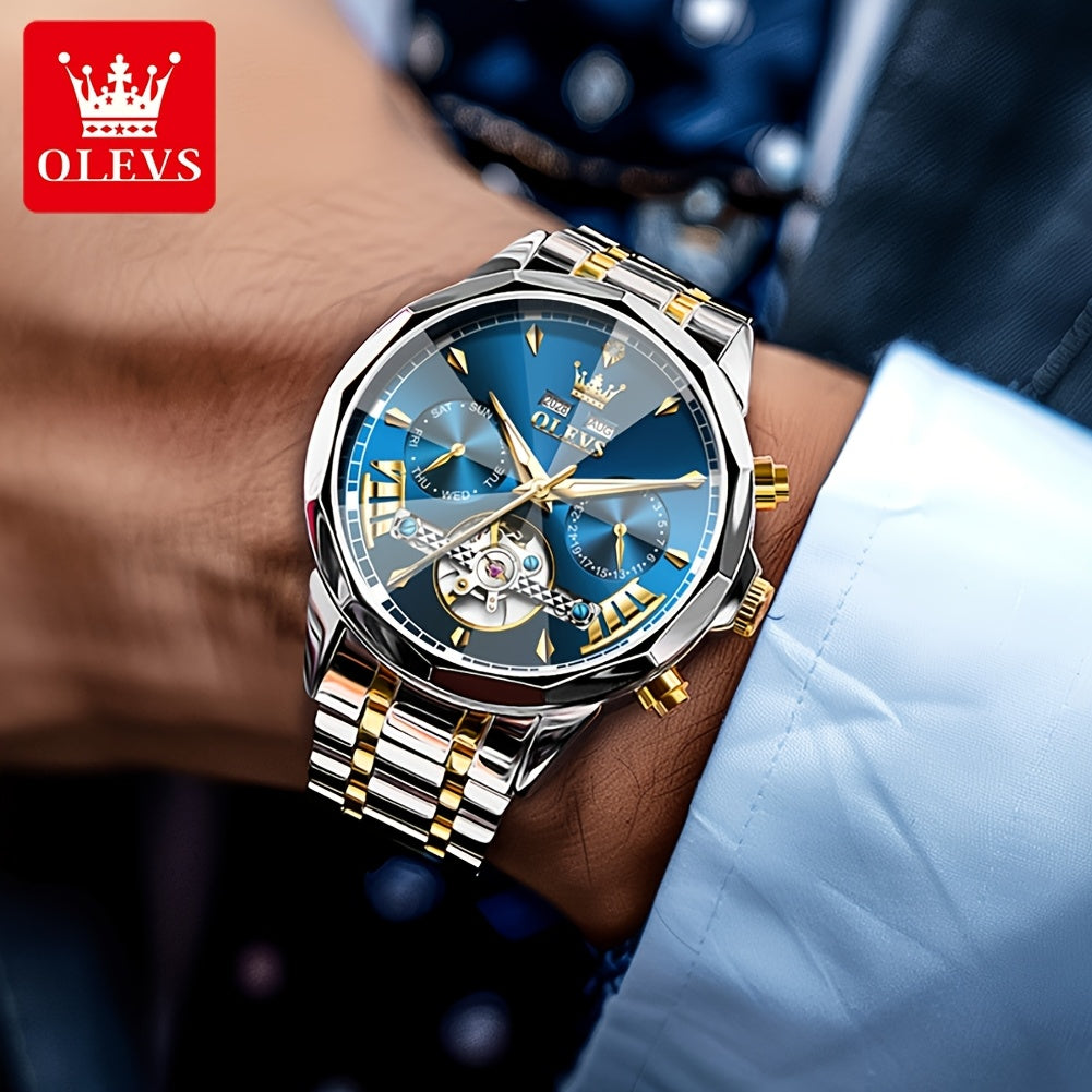 Reloj mecánico de lujo para hombres OLEVS, acero inoxidable, esfera luminosa, diseño clásico y elegante.