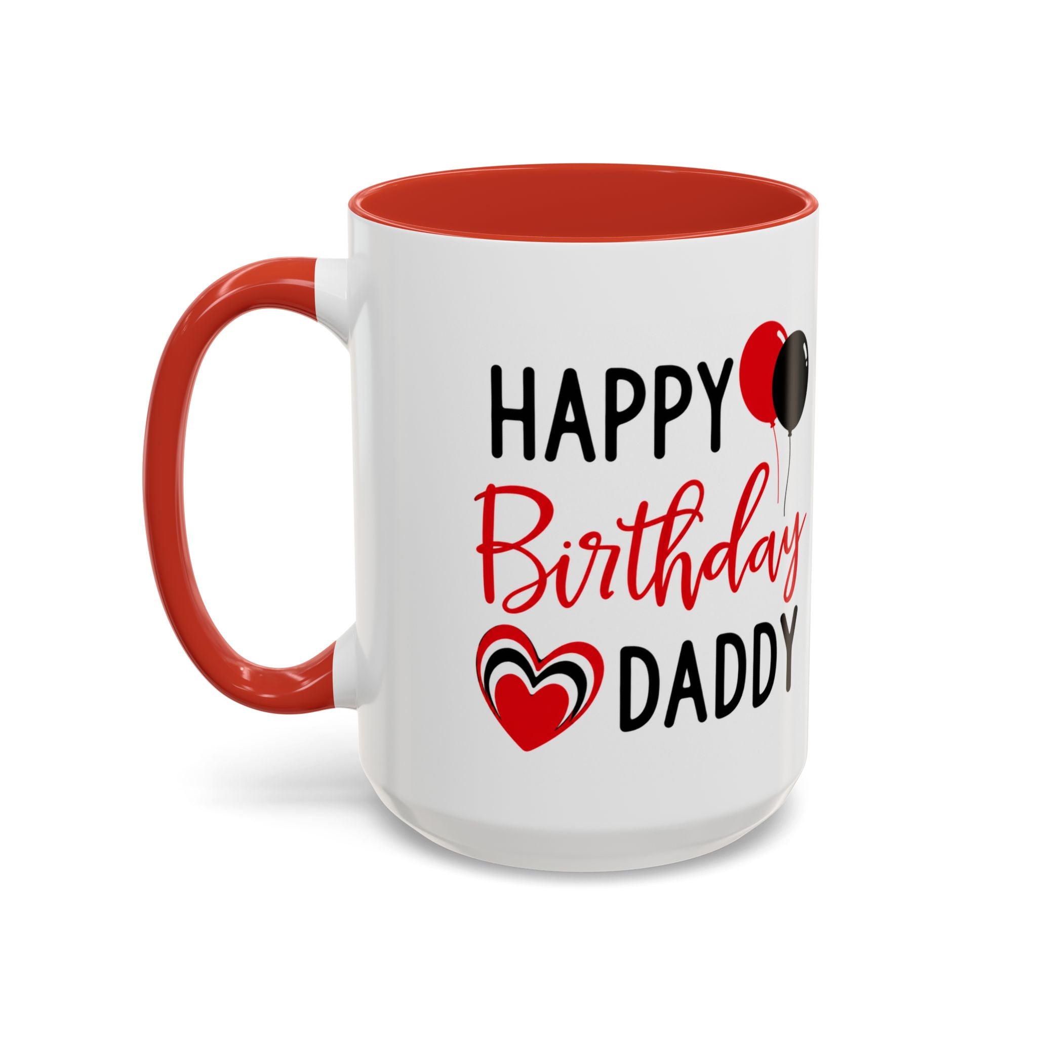 Taza de café Happy Birthday Daddy con globos rojos y negros, corazón, en colores rojo y negro, de 11/15 oz, marca Printify.