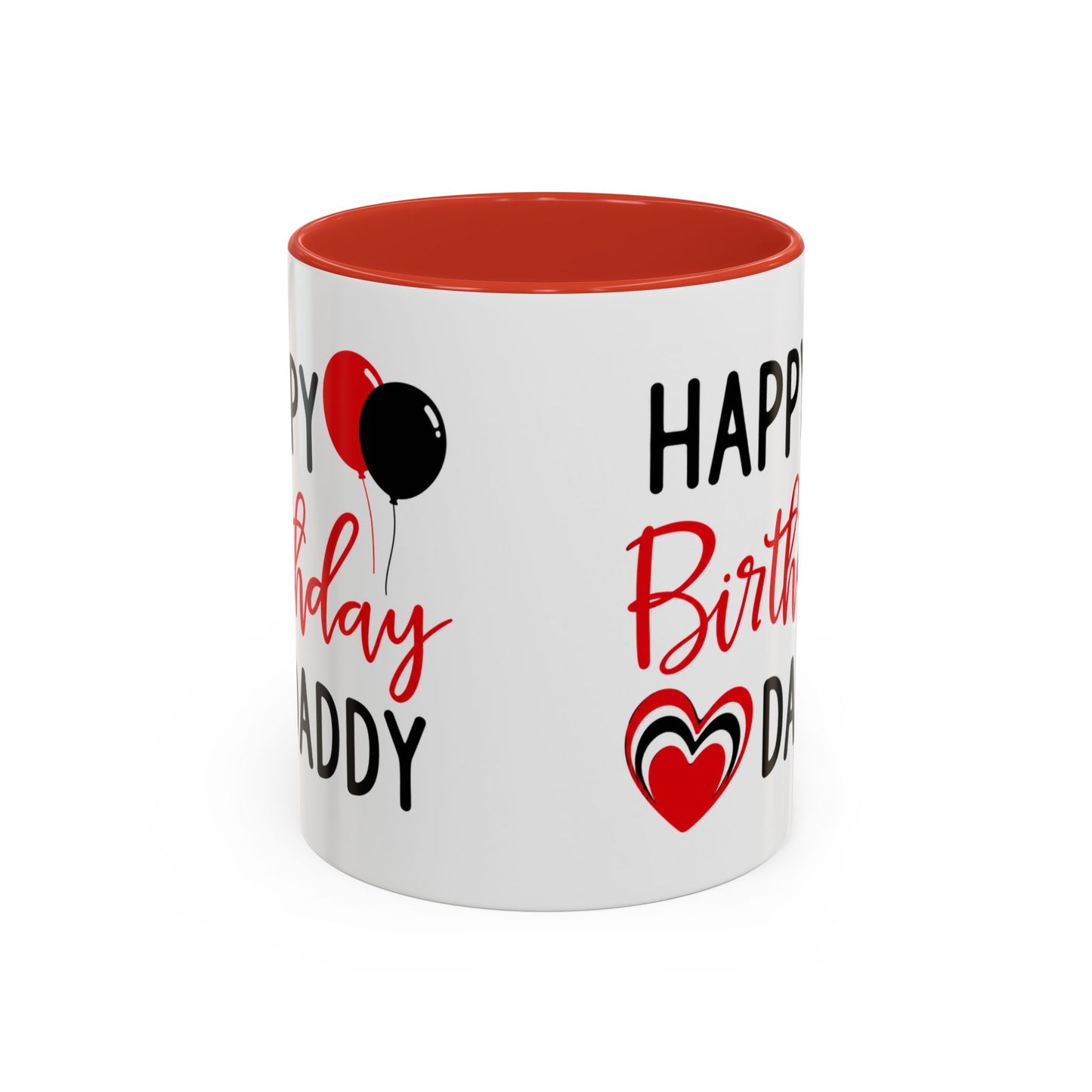Taza de café Happy Birthday Daddy en rojo y negro con globos y corazón, de 11/15 oz, de la marca Printify.