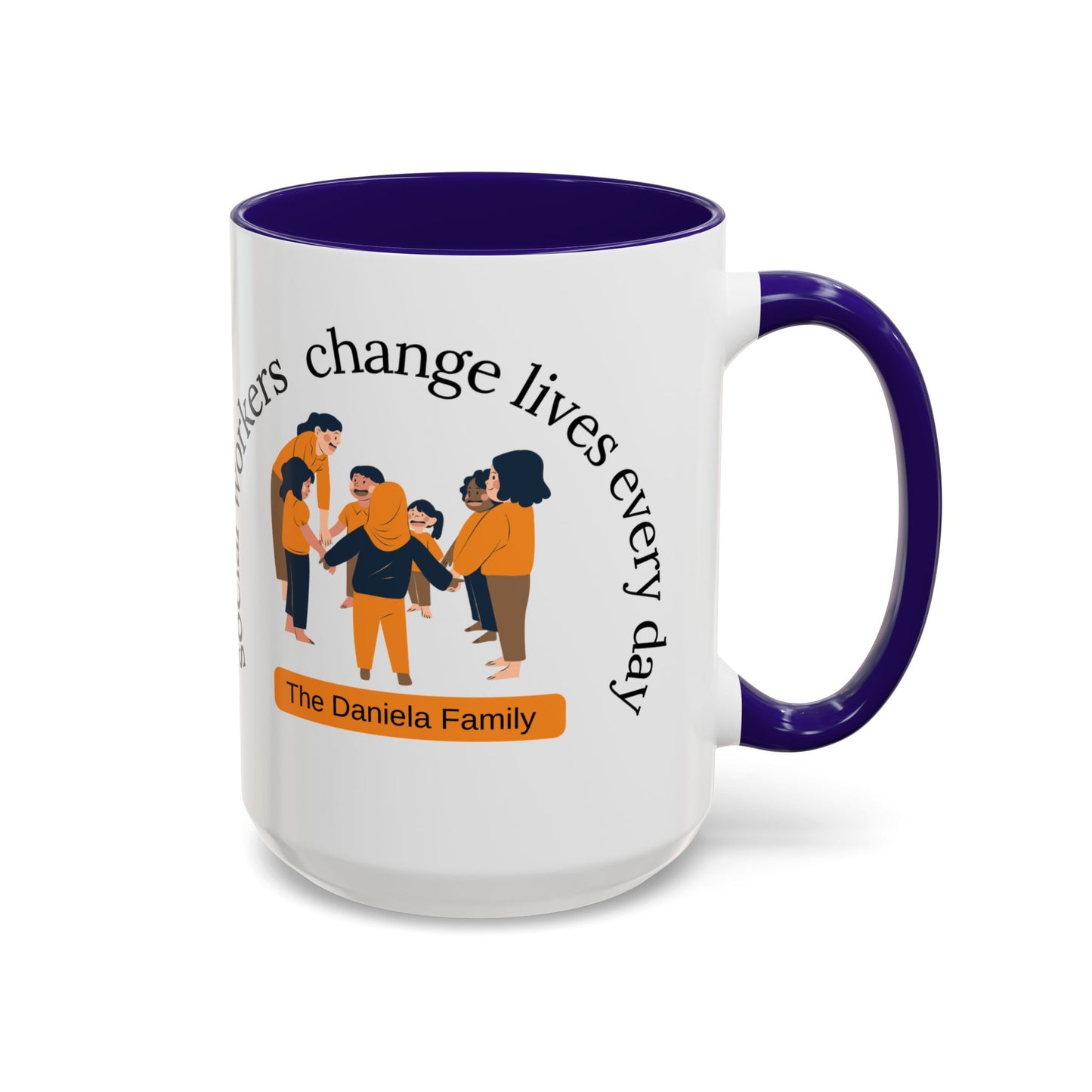 Taza de cerámica de 11oz o 15oz con texto "Social Workers Change Lives" en diseño impreso, marca Printify.