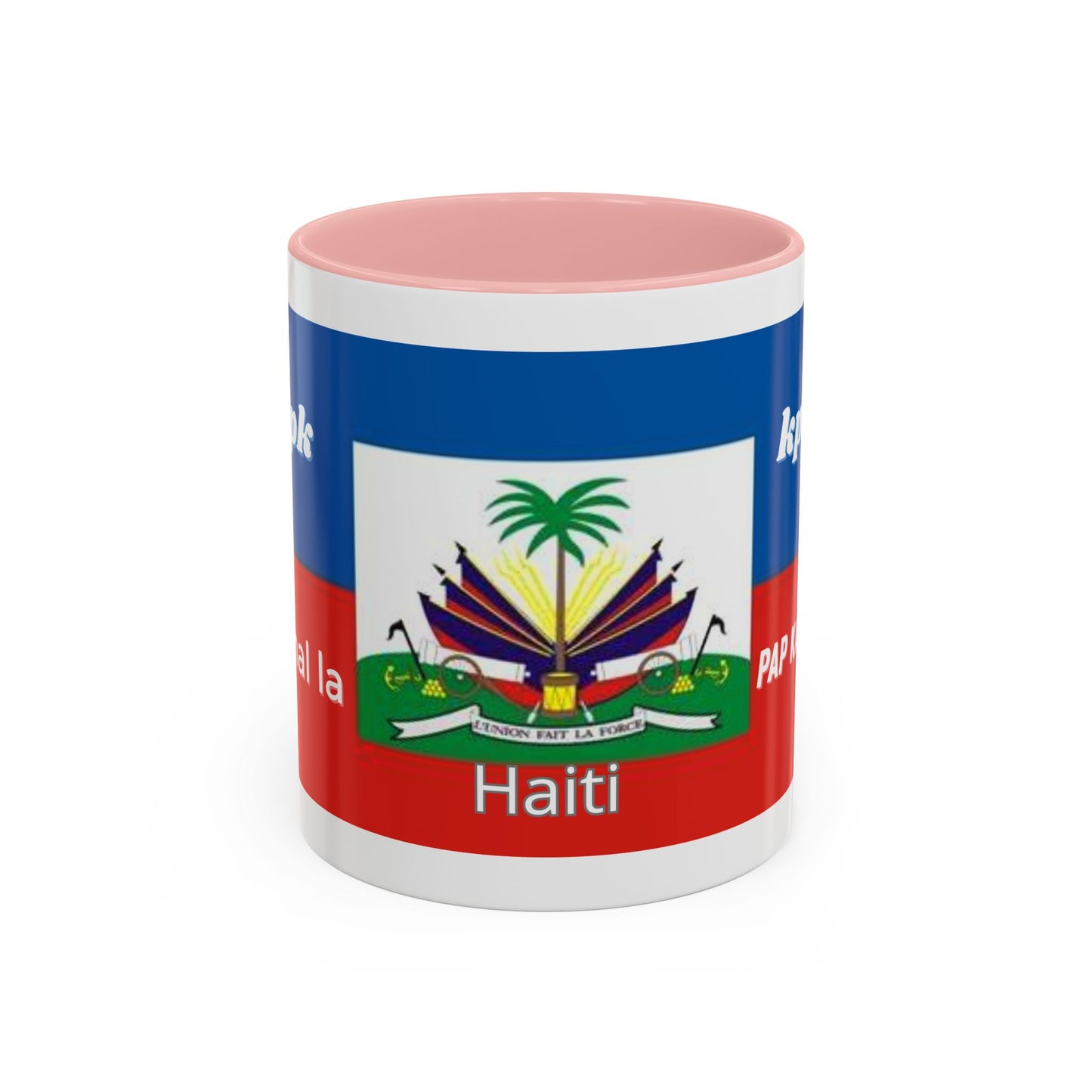 Taza de cerámica con diseño de Haití y letras en criollo, ideal para café, té o bebidas calientes, decorativa y de uso en oficina.