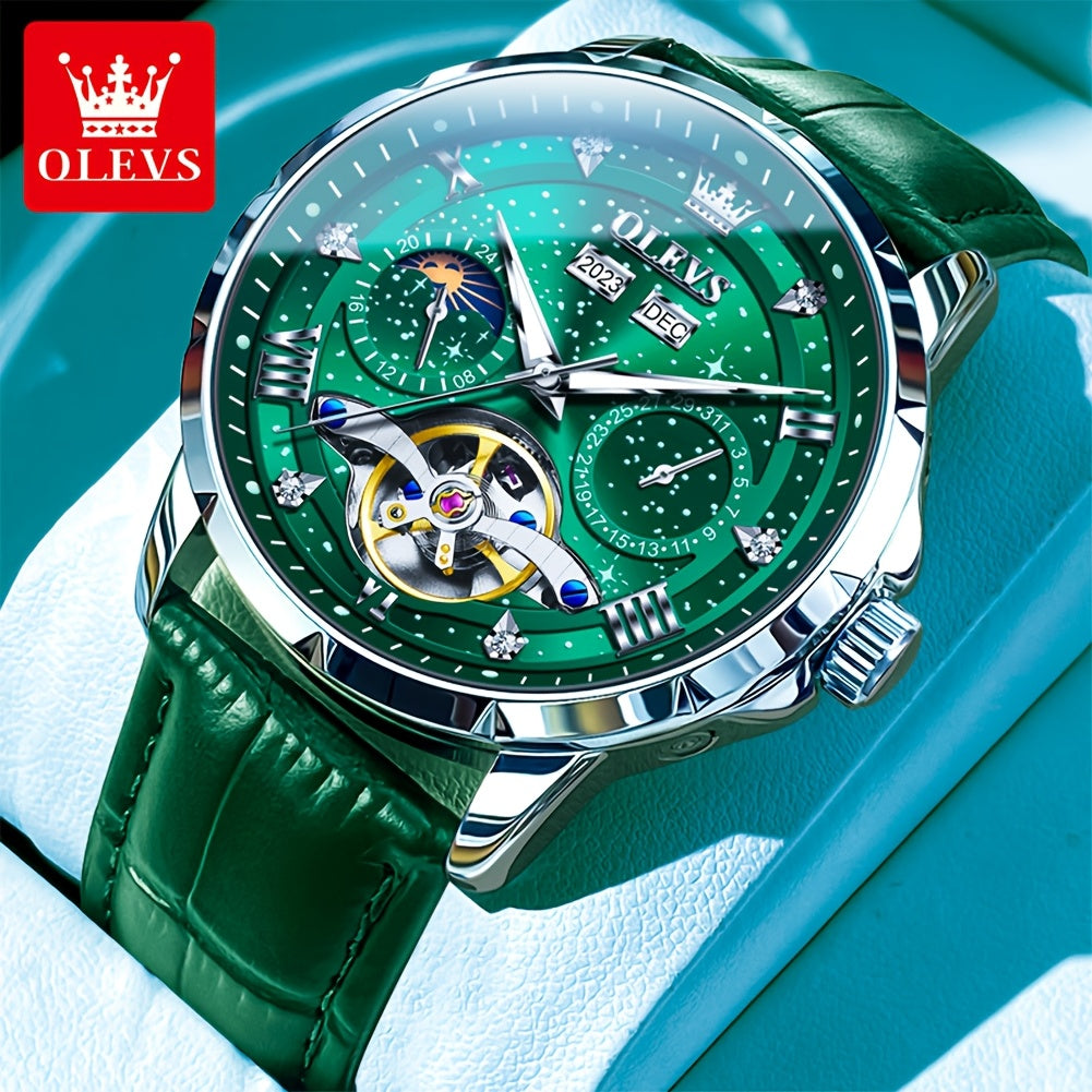 Reloj mecánico automático OLEVS para hombres con esfera luminosa, correa de acero inoxidable y estilo clásico de negocios y casuales.
