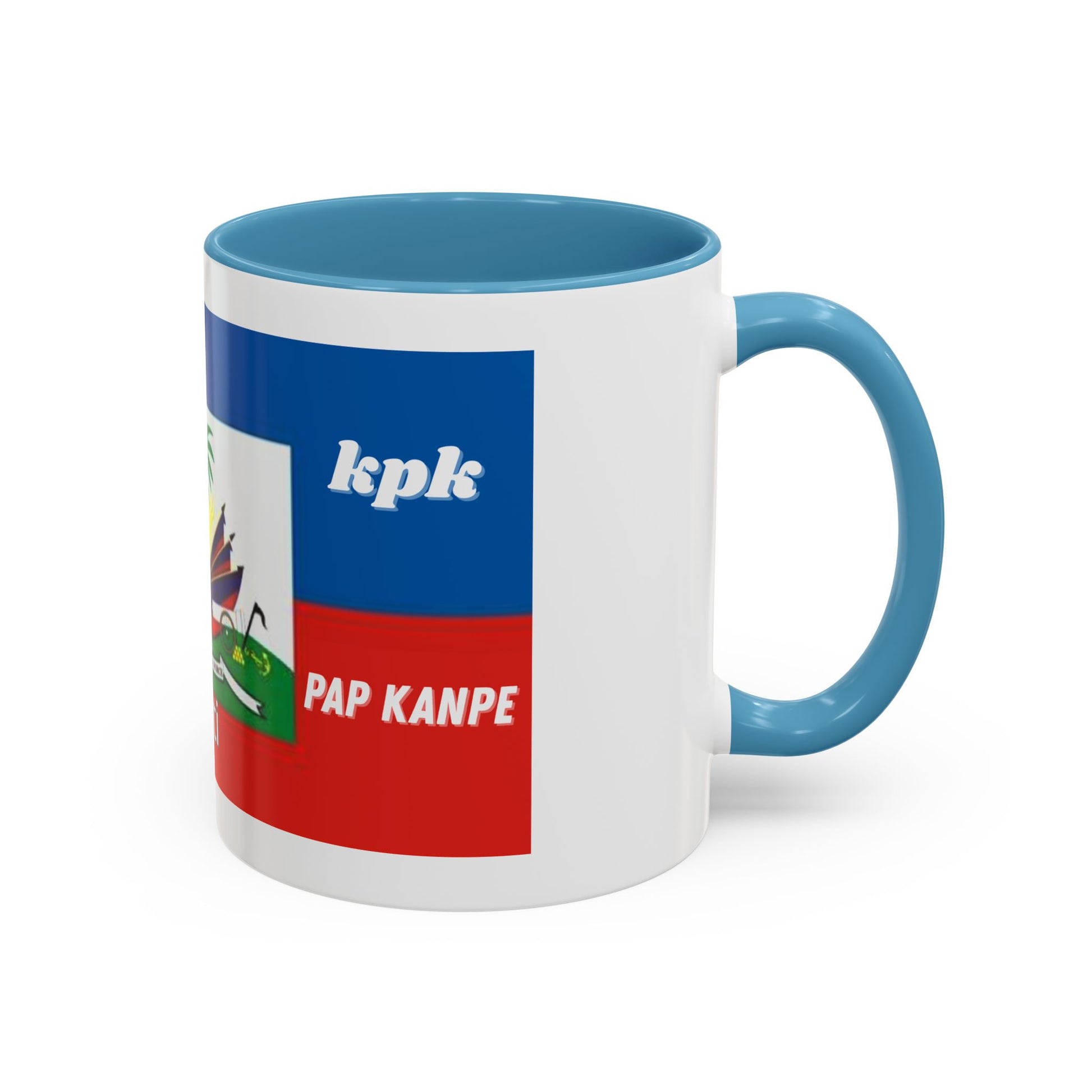 Taza de cerámica de café haitiano KPK Kanal La Pap Kanpe con diseño único, perfecta para té, café y decoraciones de cocina.