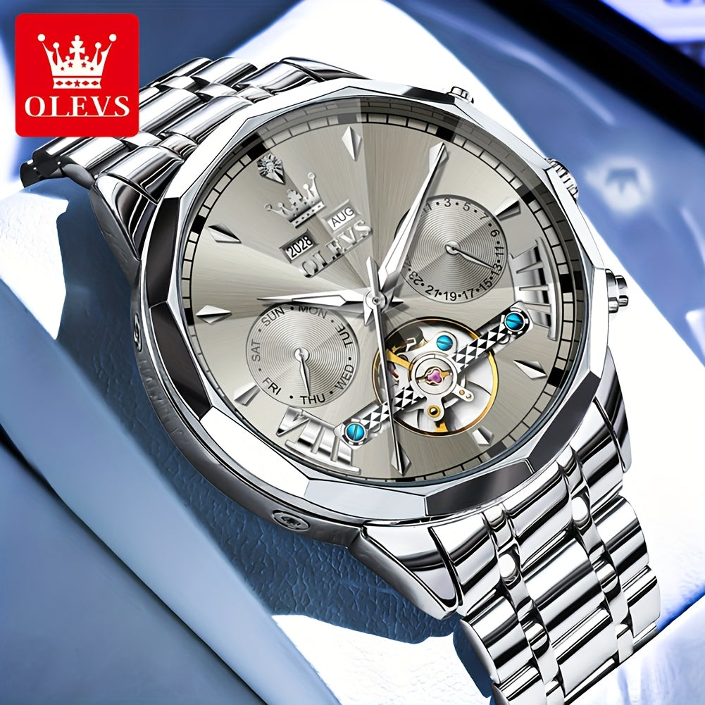 Reloj de hombre OLEVS de lujo, automático, de acero inoxidable, con esfera luminosa y diseño clásico y moderno.