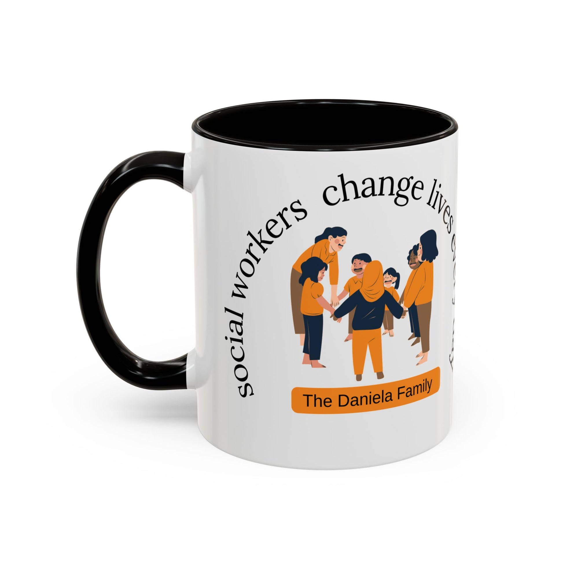 Taza de cerámica de 11oz o 15oz con diseño que dice "Social Workers Change Lives" en estilo moderno y colorido.