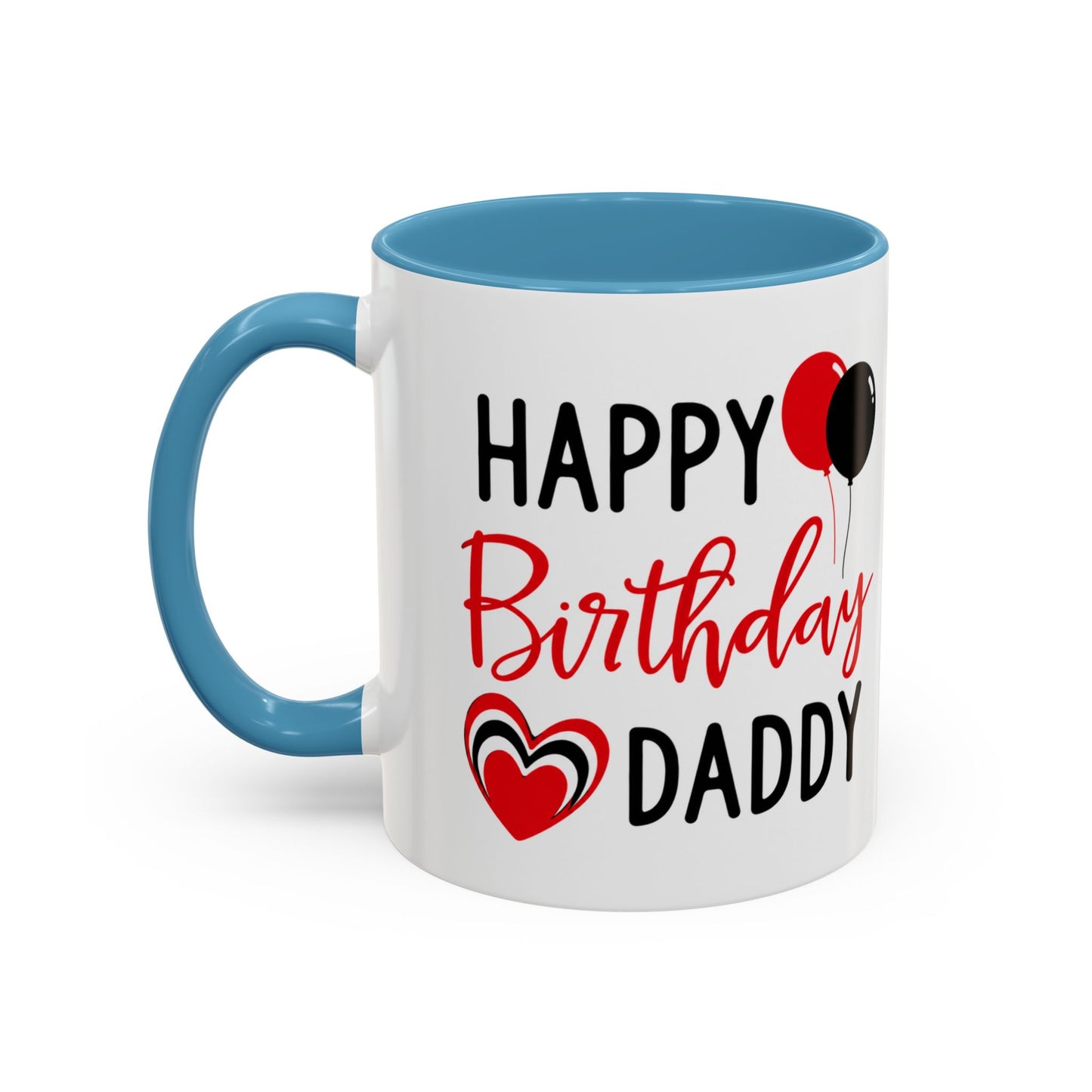Taza de café Happy Birthday Daddy con globos rojos y negros, corazón, en colores rojo y negro, tamaño 11/15 oz, impresa por Printify.