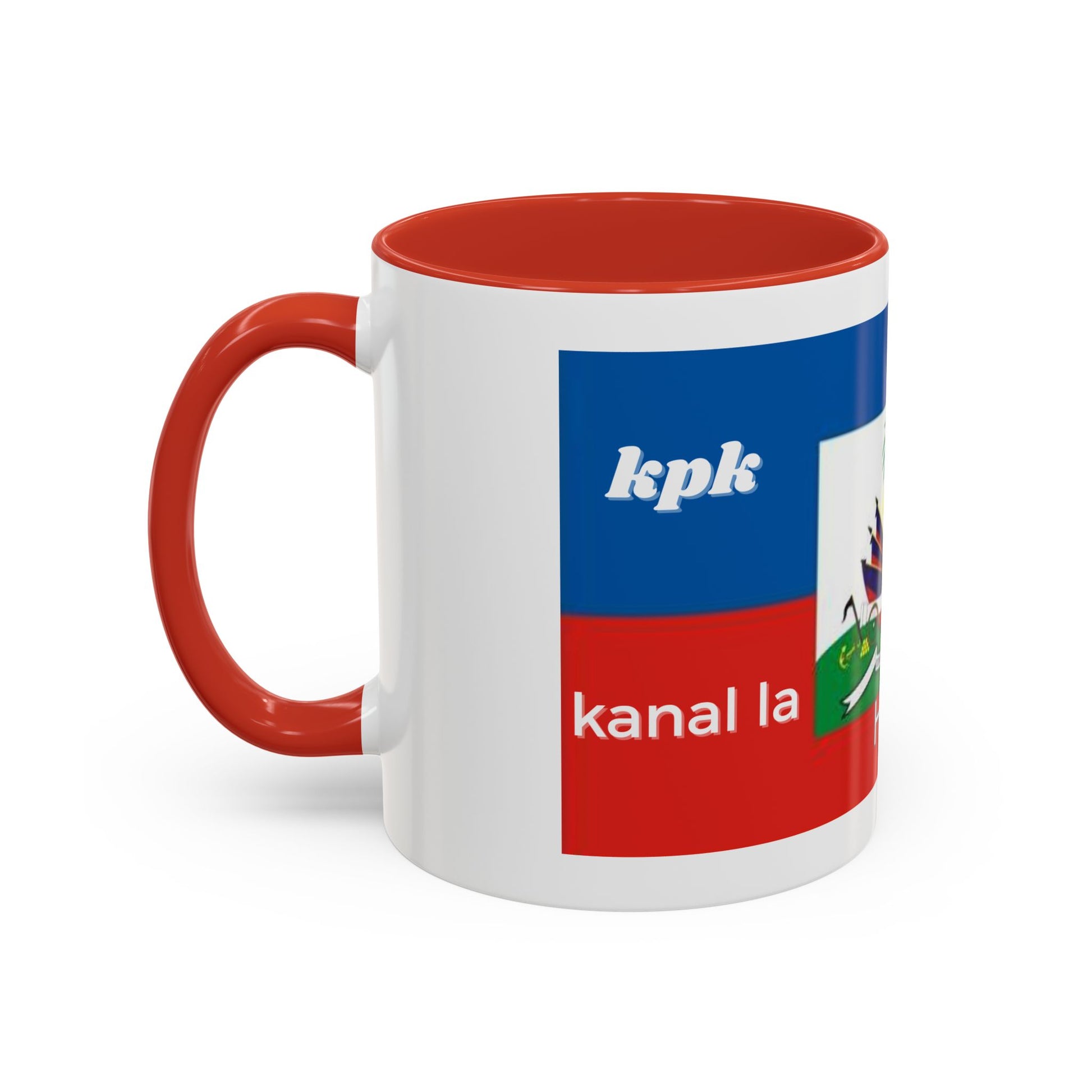 Taza de cerámica con diseño haitiano KPK Kanal La Pap Kanpe, ideal para café o té, decoración de cocina o regalo único.