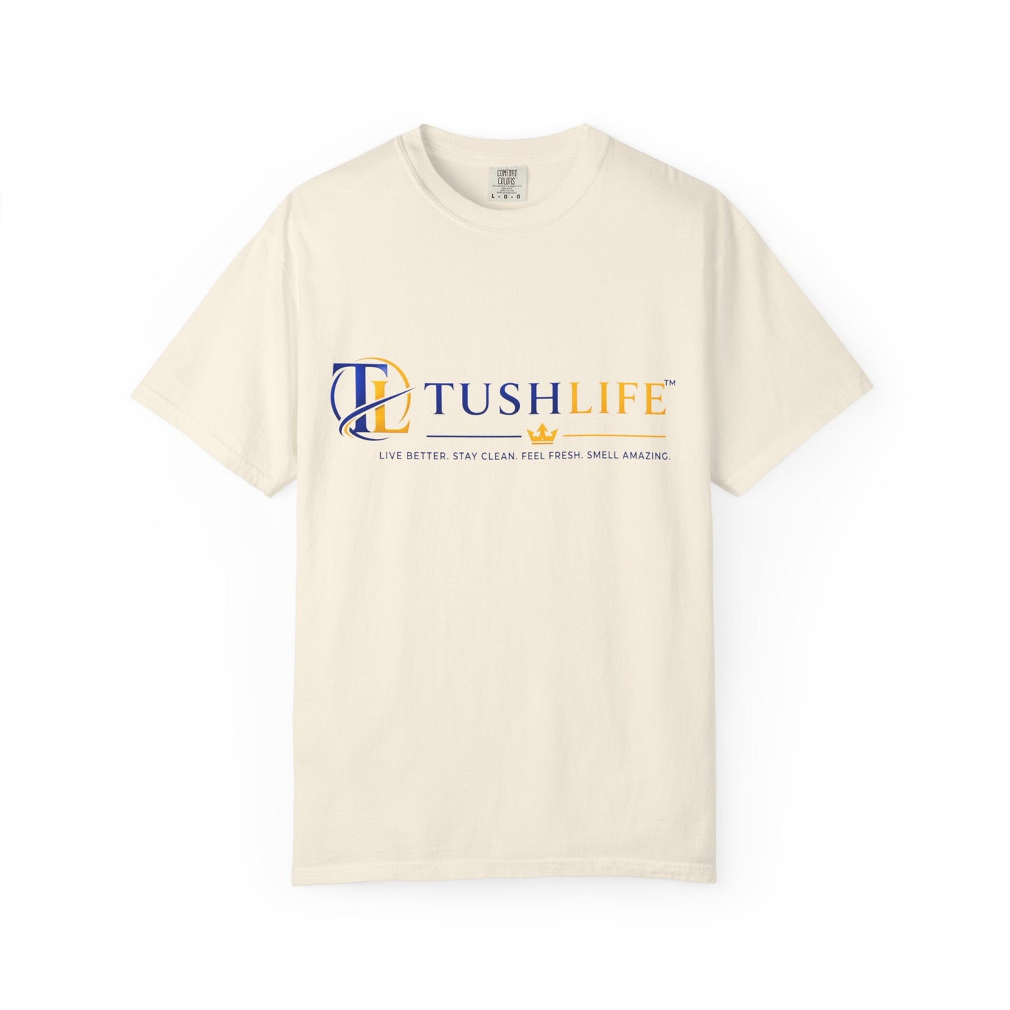 Camiseta de algodón premium TUSHLIFE de Printify, camiseta cómoda para uso diario, vista frontal en color blanco.