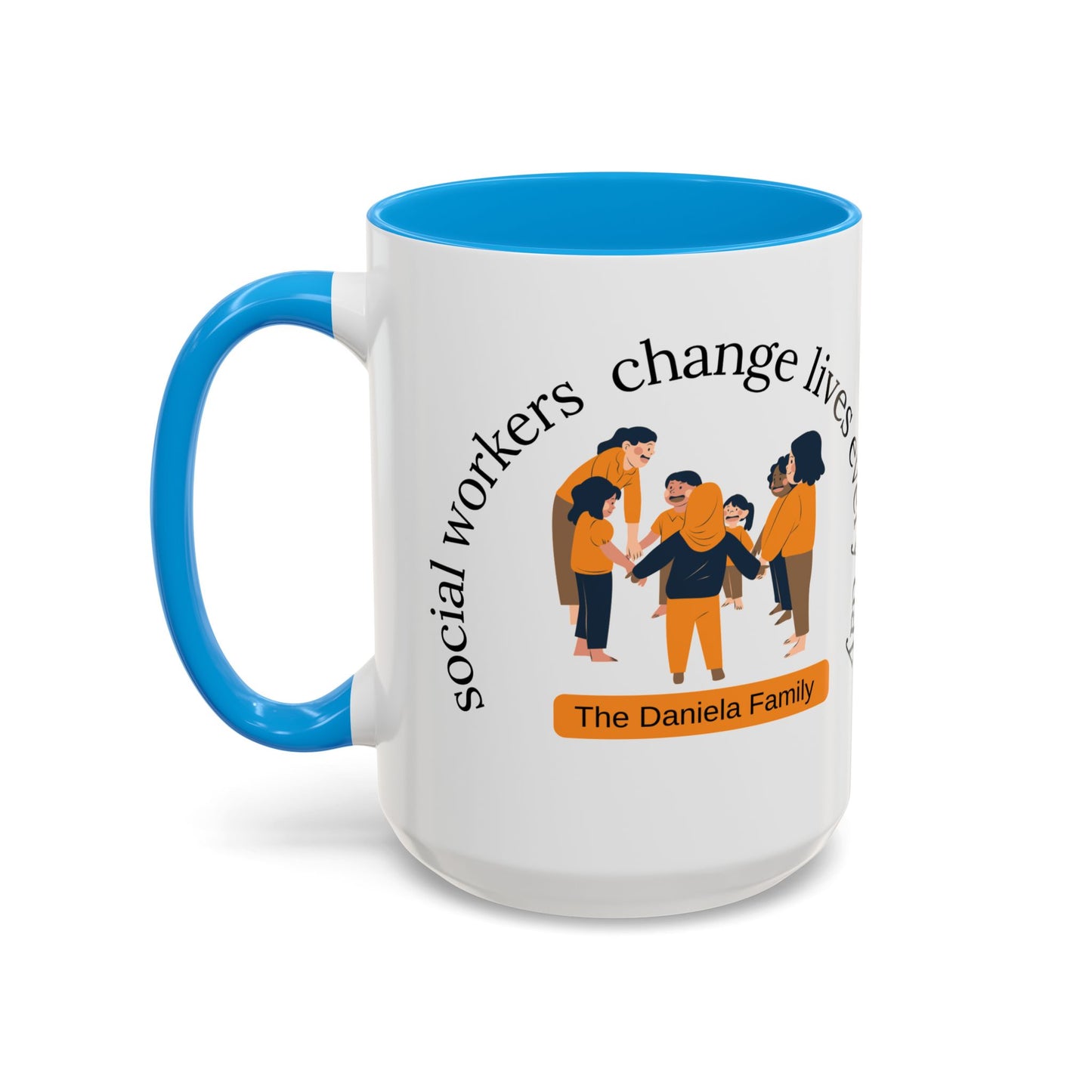 Taza de cerámica para trabajadores sociales con mensaje "Social Workers Change Lives", en tamaños de 11oz y 15oz, impresa por Printify