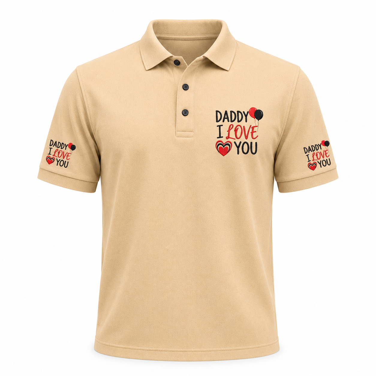 Camisa polo bordada con mensaje "Daddy I Love You" de la marca Printify, en color y diseño visible en la imagen.