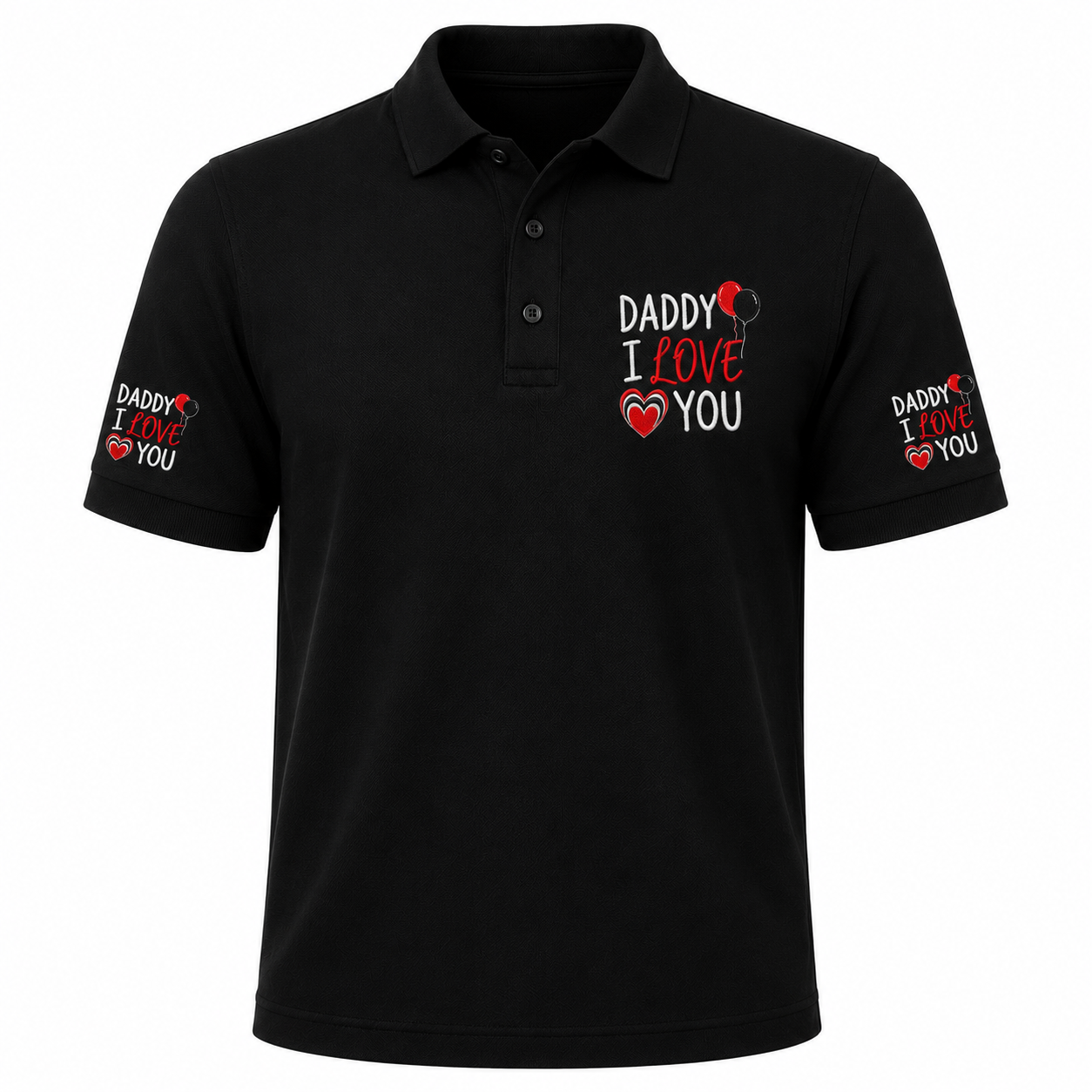 Camisa polo bordada con mensaje "Daddy I Love You" de Printify, camiseta de estilo casual para hombres, vista frontal.