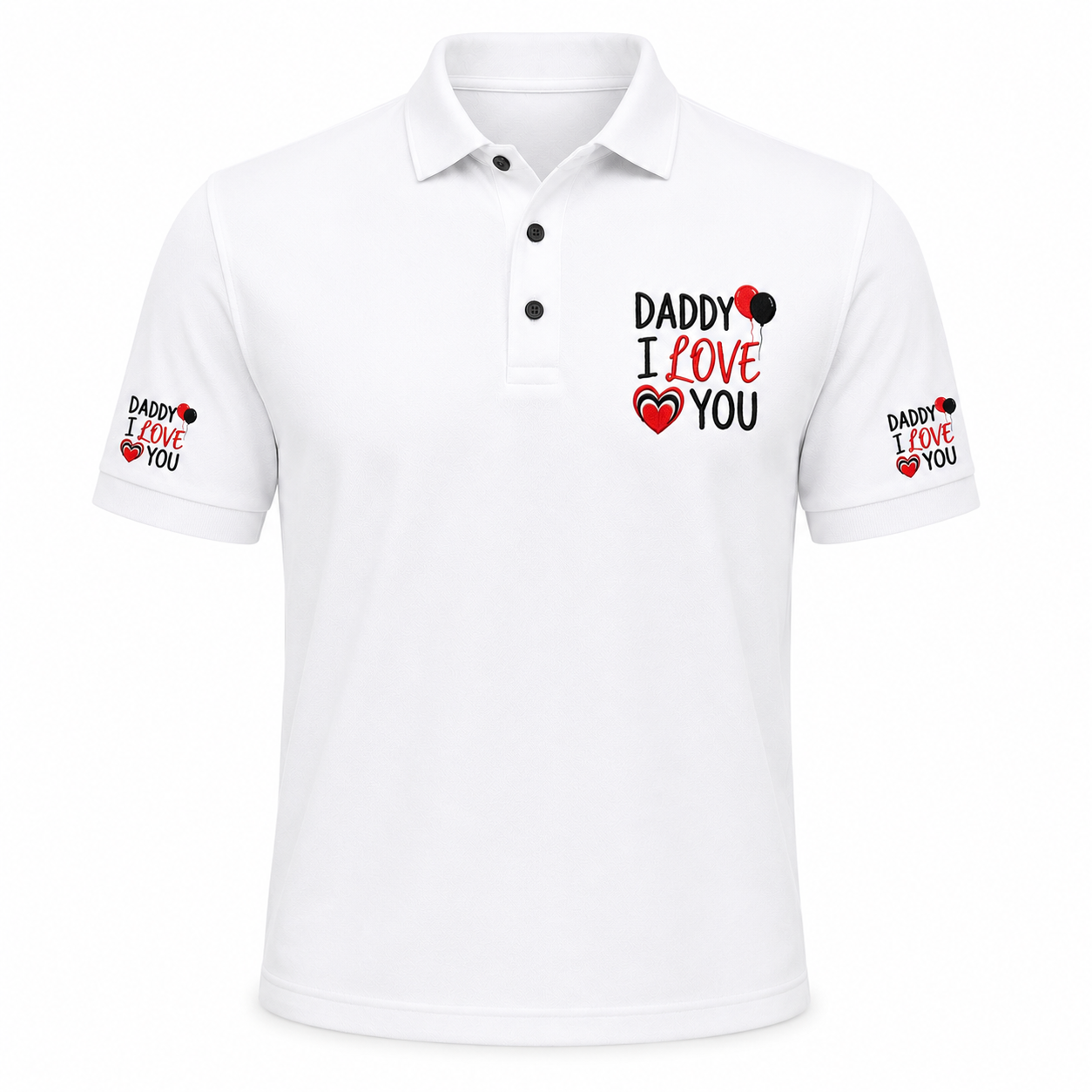 Camisa polo bordada con la frase "Daddy I Love You" de Printify, vista frontal con diseño en el pecho.