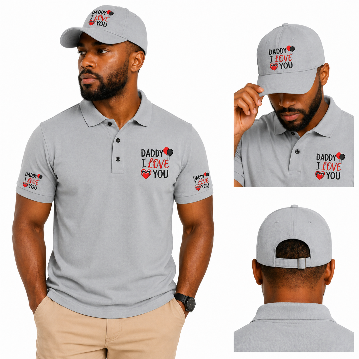 Camiseta polo bordada con la frase "Daddy I Love You" de la marca Printify, con detalles de bordado visible en la imagen.
