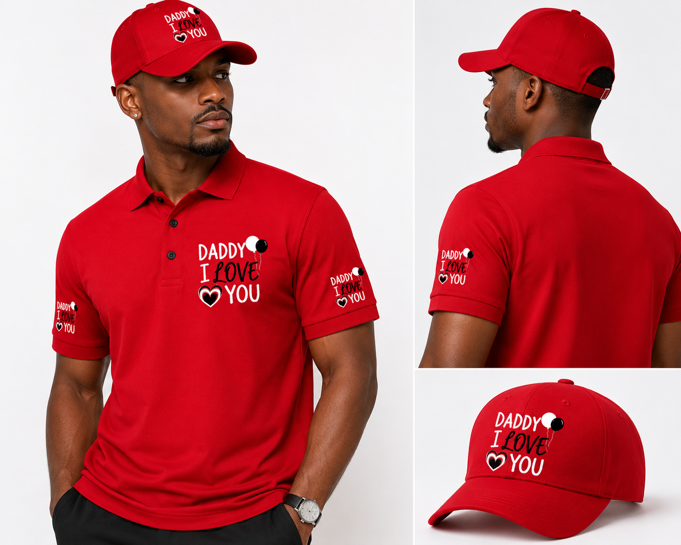 Camisa polo bordada con la frase "Daddy I Love You" de la marca Printify, vista en primer plano con detalles de costura.