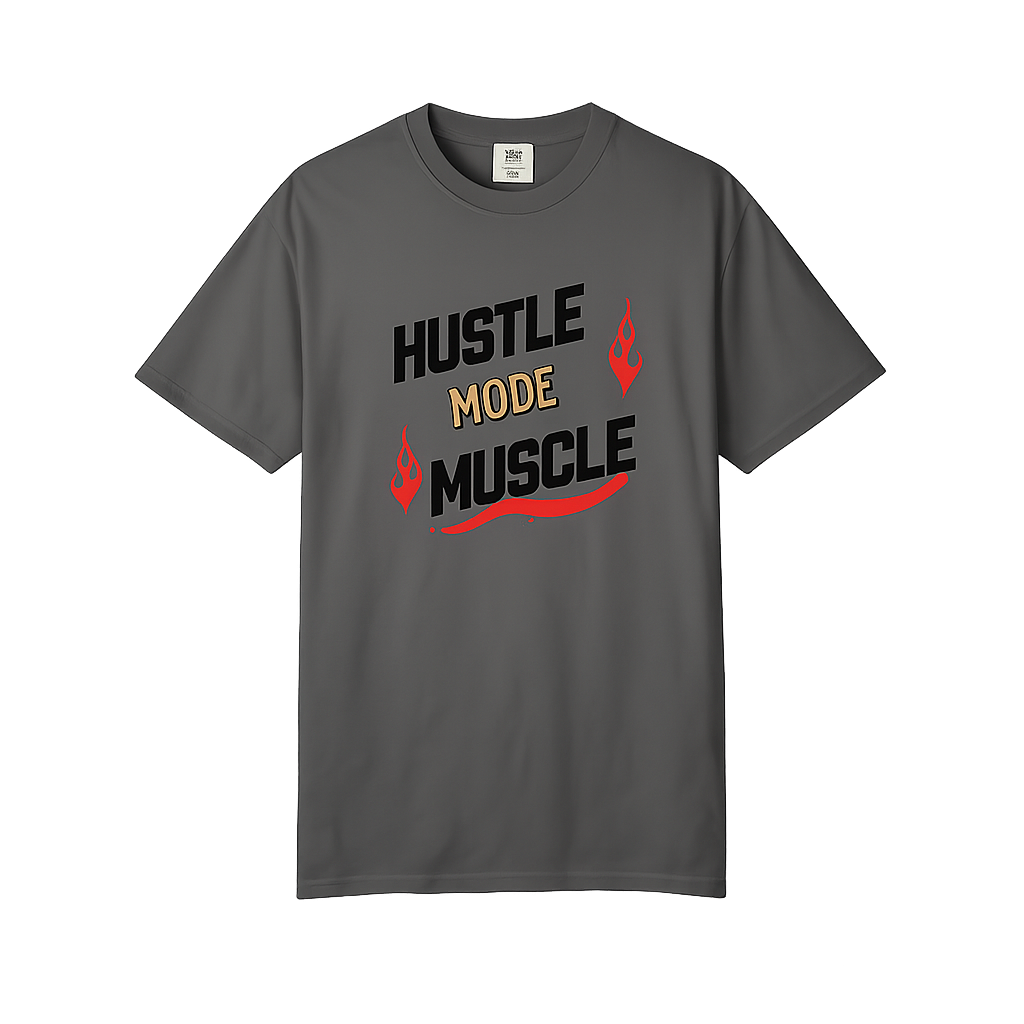 Camiseta de músculo Hustle Mode de Printify, camiseta motivacional para el gimnasio, con diseño de texto en color negro.