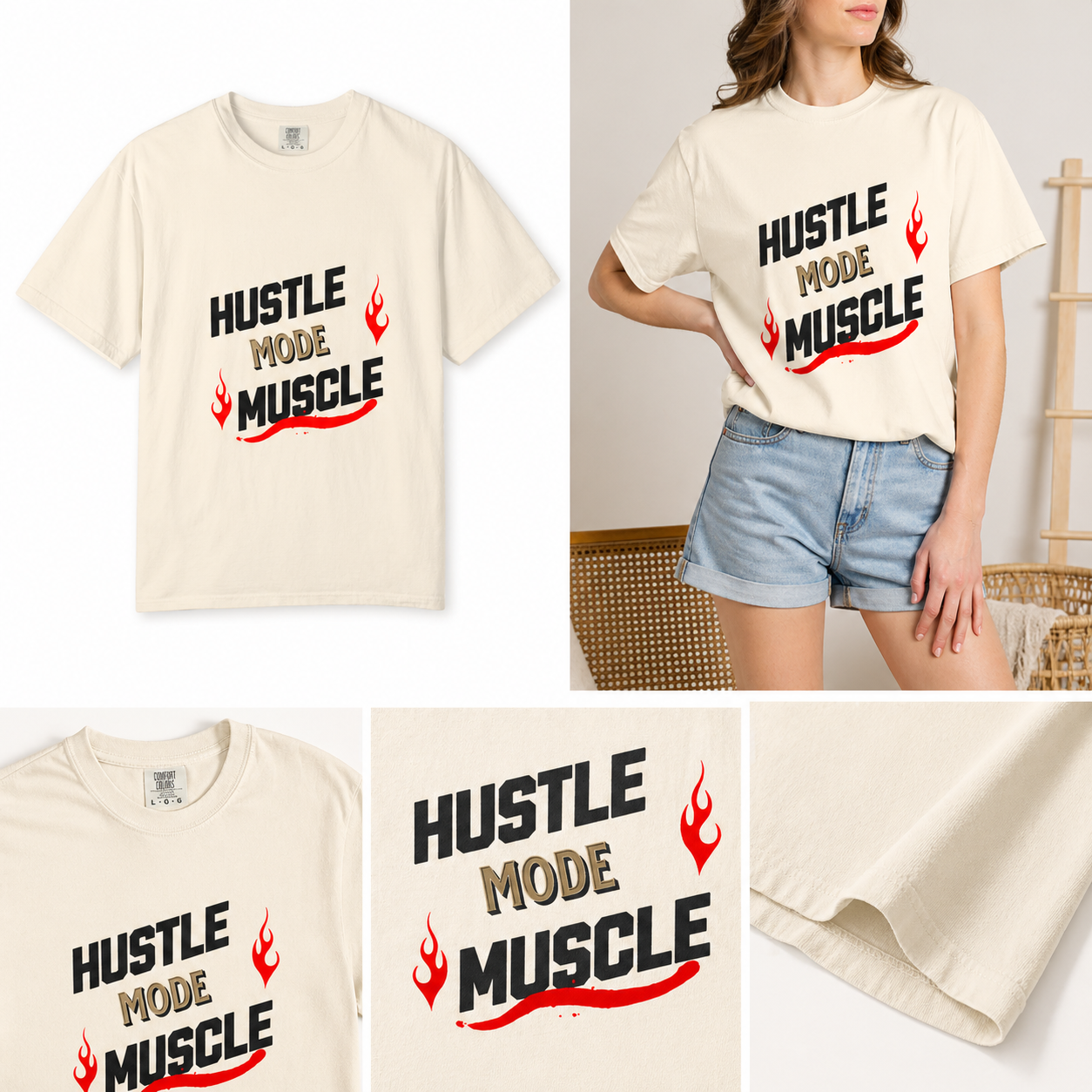 Camiseta Hustle Mode Muscle de Printify, camiseta motivacional para gimnasio con diseño de músculos y texto inspirador.