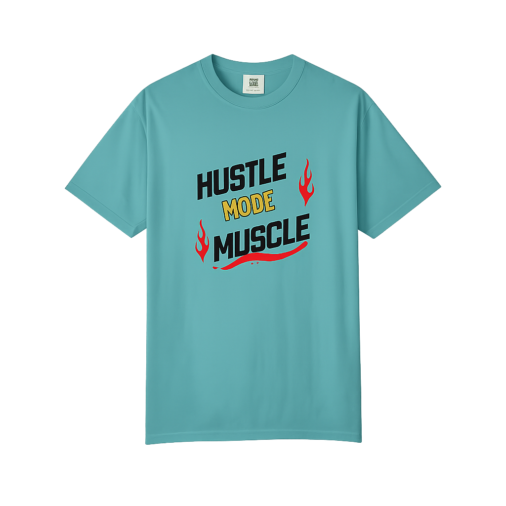 Camiseta Hustle Mode Muscle de Printify, camiseta motivacional para el gimnasio con diseño de músculos en tela gris.