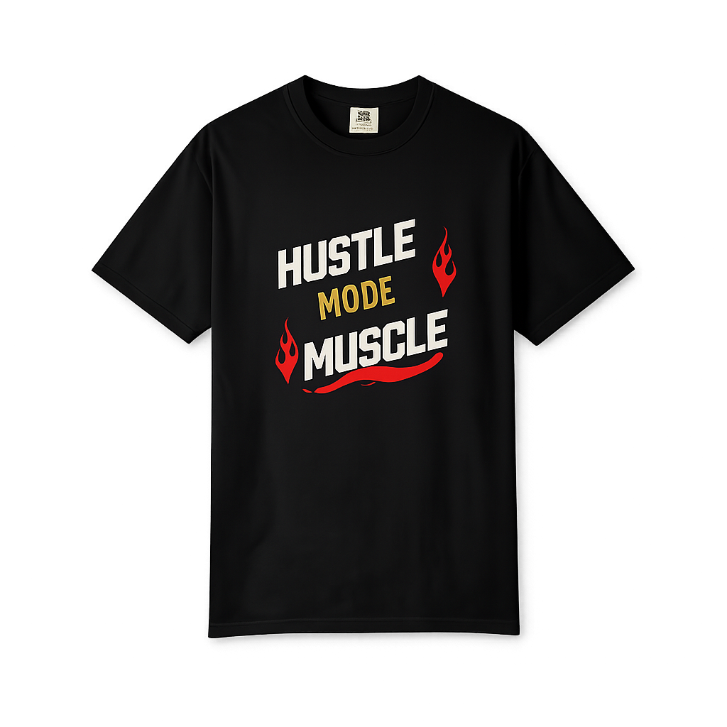 Camiseta de músculo Hustle Mode de Printify, camiseta motivacional para gimnasio con diseño en la imagen.