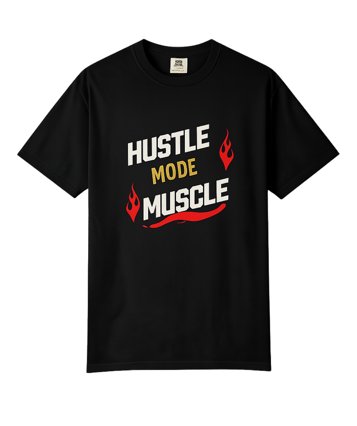 Camiseta de manga corta Hustle Mode Muscle de Printify con diseño motivacional para gimnasio, en color negro con texto en blanco
