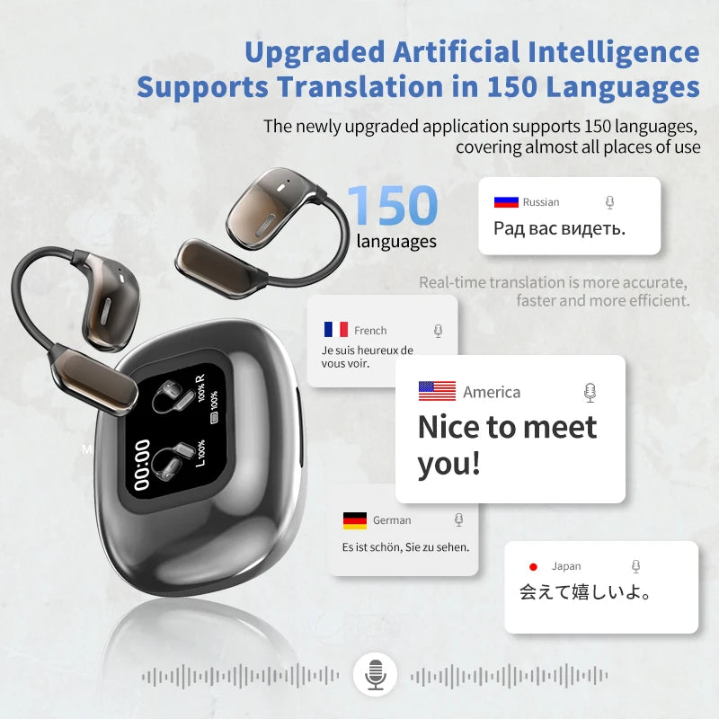 Auriculares inalámbricos RJ-Solutions JM16 Premium AI Translator con micrófono, diseño moderno y tecnología de traducción en tiempo real.