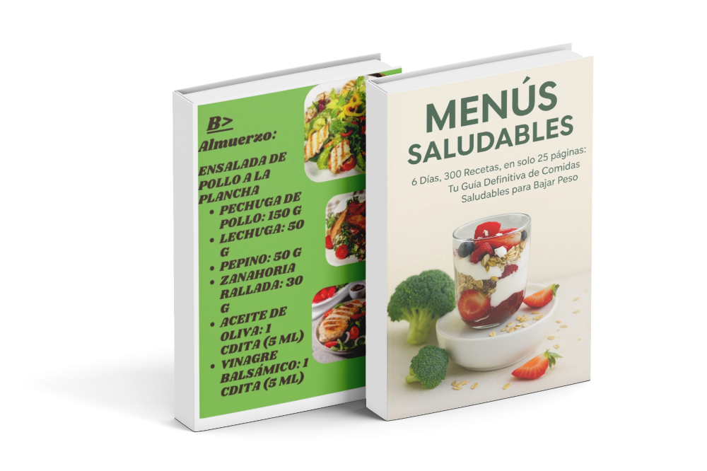 Libro de recetas saludables en tapa dura con 6 días de comidas y 300 recetas para perder peso, vista frontal y trasera.