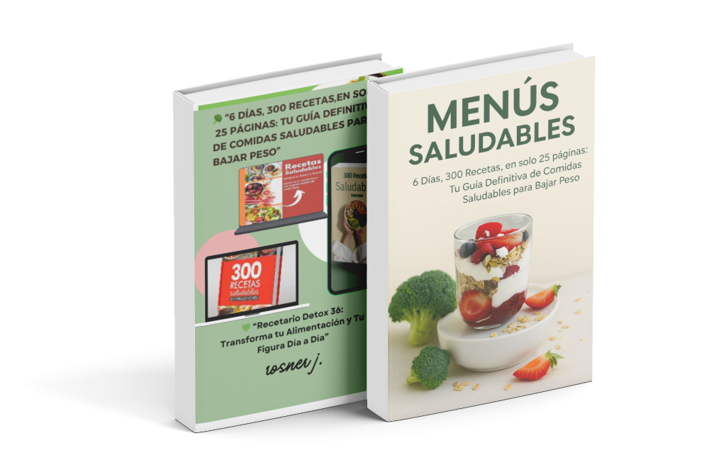 Libro de recetas saludables de Dreamblue, guía con 300 recetas para bajar peso en 25 páginas, vista frontal y trasera.