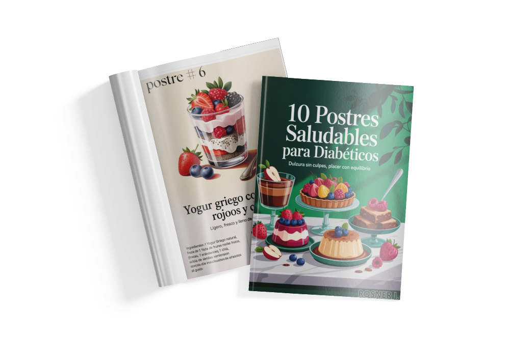 Revista con portada que muestra 10 postres saludables para diabéticos, con imágenes de deliciosos dulces y opciones nutritivas.