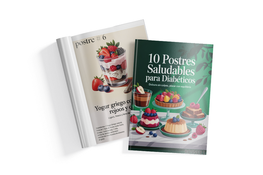 Revista con portada que muestra 10 postres saludables para diabéticos, con imágenes de deliciosos dulces y opciones nutritivas.