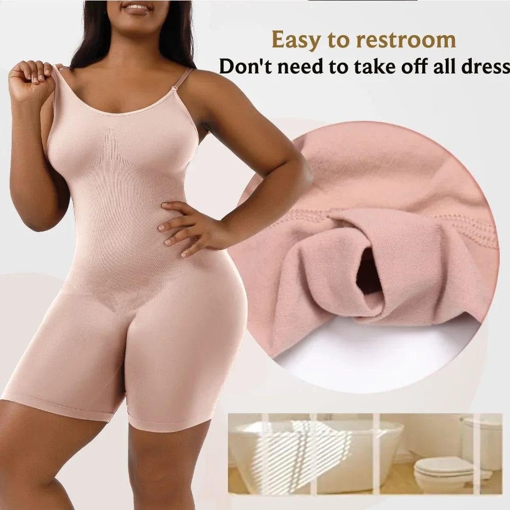 Cuerpo completo de mujer, faja moldeadora sin costuras para control de abdomen y cintura, en color negro.