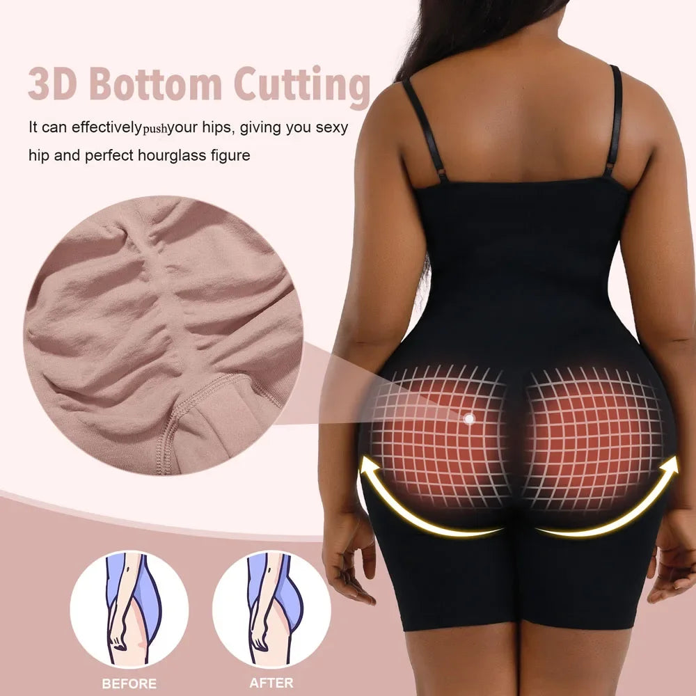 Body shaper de mujer de cuerpo completo sin costuras para control de abdomen y cintura firme, en color negro.