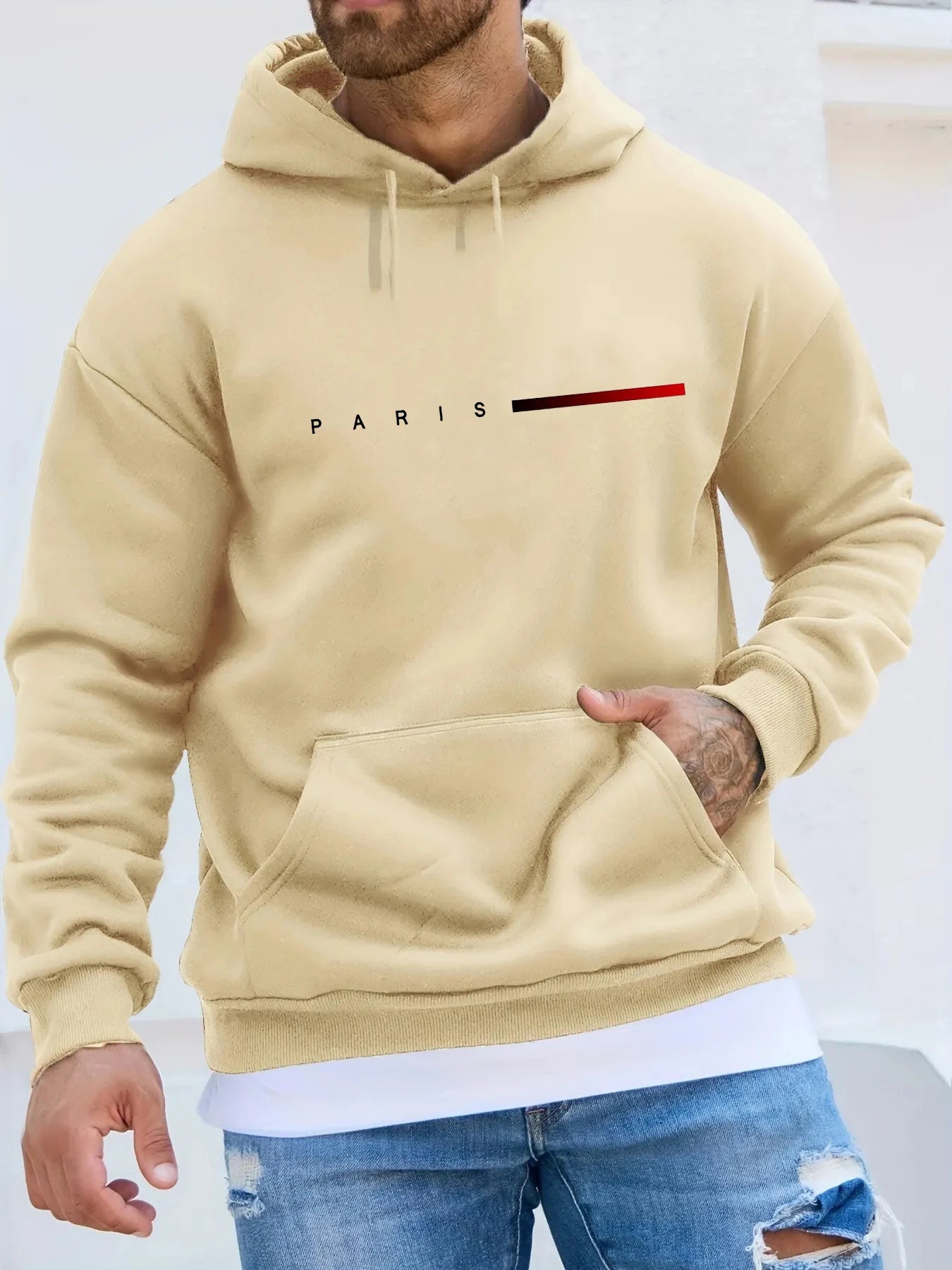 Sudadera con capucha de felpa cálida para hombre, estilo casual, con letras Paris y ajuste amplio para otoño e invierno.