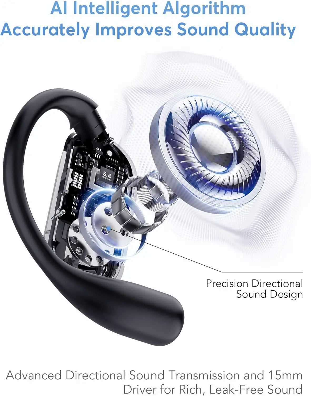 Auriculares inalámbricos OWS Premium AI Translator de RJ-Solutions con diseño elegante y estuches de carga en color negro.
