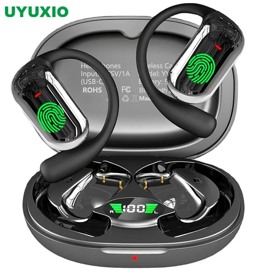 Auriculares inalámbricos OWS Premium AI Translator de RJ-Solutions con diseño compacto y estuche de carga para traducción en 144 idiomas.