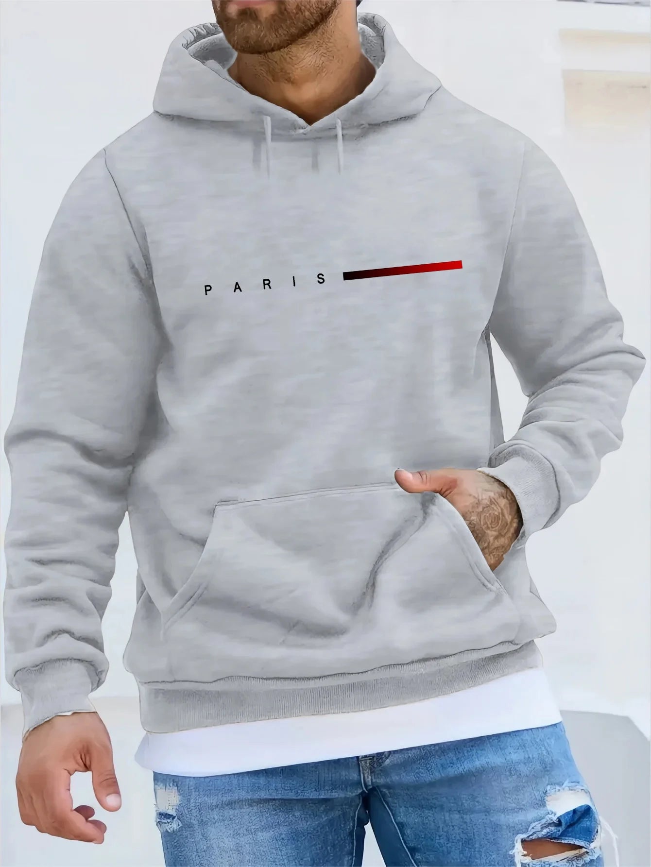 Sudadera con capucha para hombre, estilo casual, con letras París y diseño de felpa cálida en tallas grandes y suelta, en color oscuro.