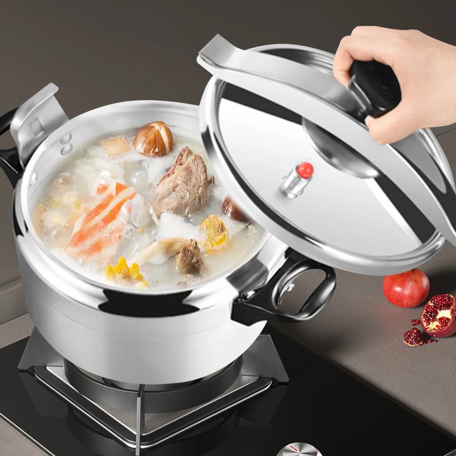 Olla a presión de aluminio con silicona, capacidad de 3L, válvula de seguridad y diseño redondo para cocinar de forma segura.