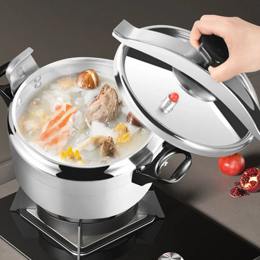 Olla a presión de aluminio con silicona, capacidad de 3L, válvula de seguridad y diseño redondo para cocinar de forma segura.