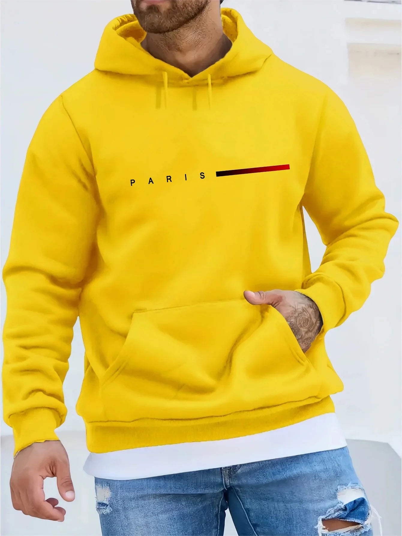 Suéter de manga larga con capucha y estampado de letras París para hombre, ropa casual de otoño e invierno, tamaño grande y cálido.
