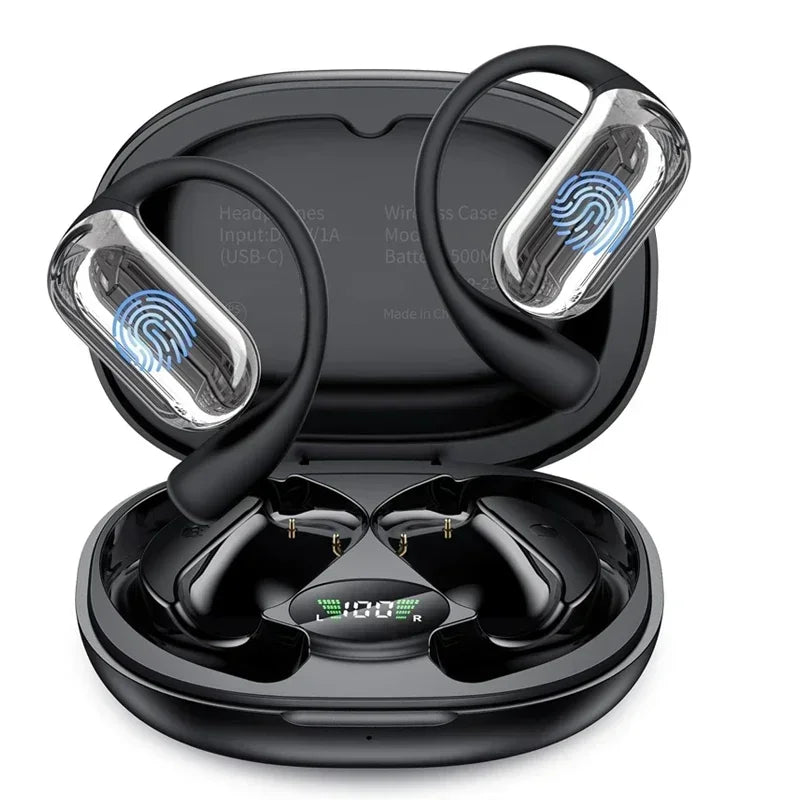 Auriculares inalámbricos OWS Premium AI Translator de RJ-Solutions mostrando un diseño moderno y compacto para traducción en viaje y negocios.