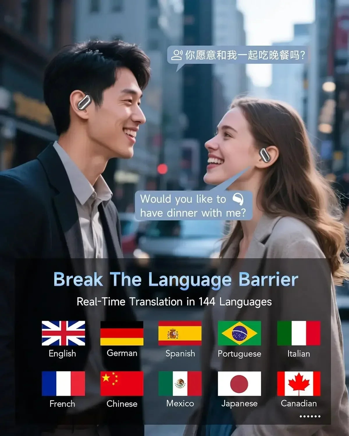 Auriculares inalámbricos OWS Premium AI Translator de RJ-Solutions con diadema y micrófono para traducción en 144 idiomas en viaje y negocios.
