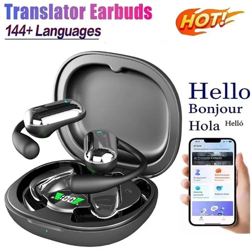 Auriculares inalámbricos OWS Premium AI Translator de RJ-Solutions en color negro, con diseño ergonómico y funciones de traducción en 144 idiomas.